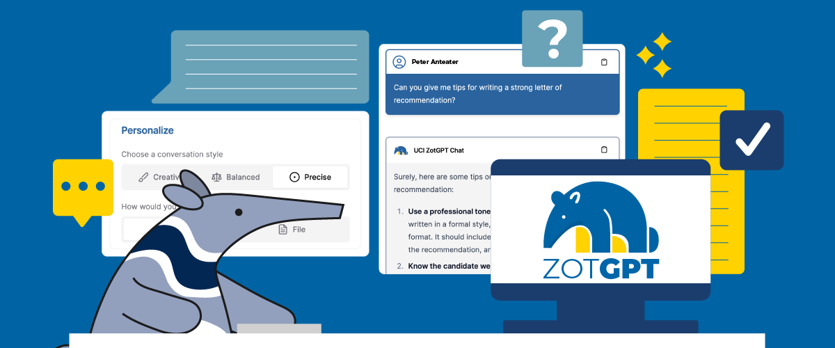 anteater at his desk with a collage of ZotGPT prompts and answers